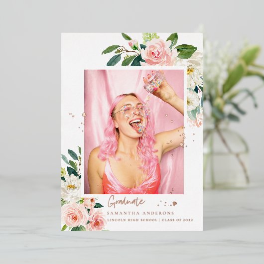 エレガント赤面ピンクフローラ金ゴールドフレ実在ーム箔 箔招待状 (立ち正面)