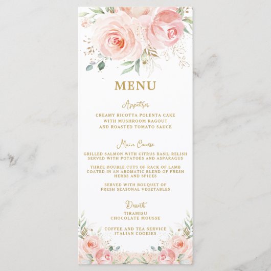 エレガント赤面ピンクフローラ金ゴールドブライダルシャワーメニュー プログラム (正面)