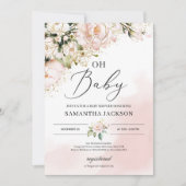エレガント赤面ピンクフローラ金ゴールド女の子オ赤ちゃんシャワー 招待状 (正面)
