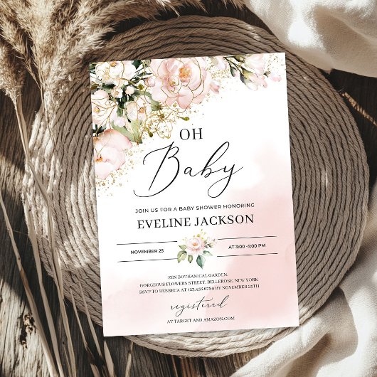 エレガント赤面ピンクフローラ金ゴールド女の子オ赤ちゃんシャワー 招待状