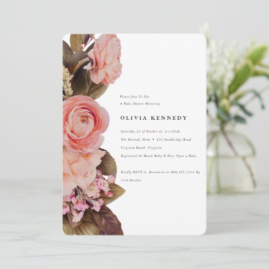エレガント赤面ピンクフローラ開花ベビーシャワー 招待状 (スタンド正面)