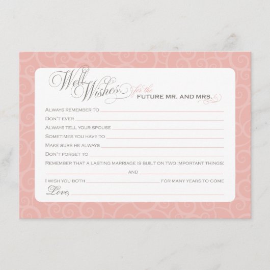 エレガント赤面ピンクブライダルシャワーウェルウィッシュ アドバイスカード (正面)