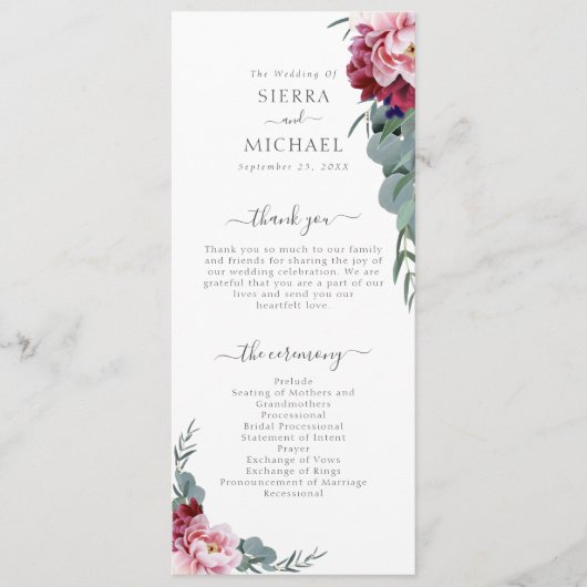 エレガント赤面ピンクブルゴーニュフローラの結婚葉 プログラム (正面)