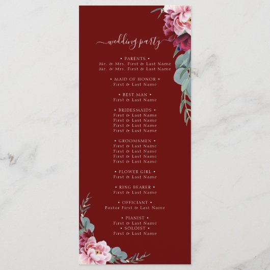 エレガント赤面ピンクブルゴーニュフローラの結婚葉 プログラム (裏面)