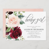 エレガント赤面ピンクブルゴーニュフローラベビー 招待状 (正面/裏面)
