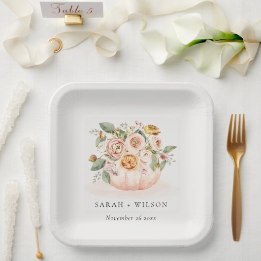 エレガント赤面ピンクホワイトカボチャフローラ結婚ズ ペーパープレート (ウェディング)