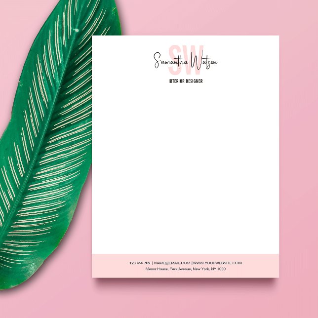 エレガント赤面ピンクモダンビジネスロゴモノグラム レターヘッド (Stand out and impress with this blush pink and white business monogram letterhead design)