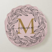 エレガント赤面ピンクモノグラムのフローラ ラウンドクッション (裏面)