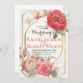 エレガント赤面ピンクレッドピ結婚オニーの金ゴールド枠 招待状 (正面/裏面)