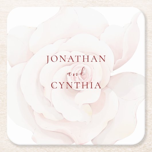 エレガント赤面ピンクローズウォーター色フローラ結婚ズ スクエアペーパーコースター (正面)