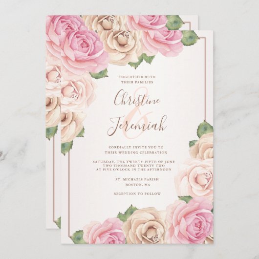 エレガント赤面ピンクローズウォーター色フローラ結婚ズ 招待状 (正面/裏面)