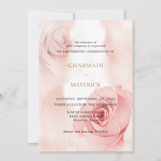 エレガント赤面ピンクローズバジェットQrコー結婚ド 招待状 (正面)