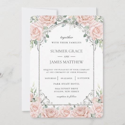 エレガント赤面ピンクローズフローラシルバ結婚ーズ 招待状 (正面)