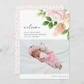 エレガント赤面ピンクローズフローラフォトベビー誕生 案内状 (正面/裏面)