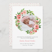 エレガント赤面ピンクローズフローラフォトベビー誕生 案内状 (正面/裏面)