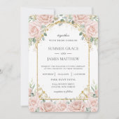 エレガント赤面ピンクローズフローラ結婚金ゴールド 招待状 (正面)