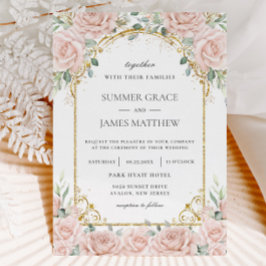 エレガント赤面ピンクローズフローラ結婚金ゴールド 招待状