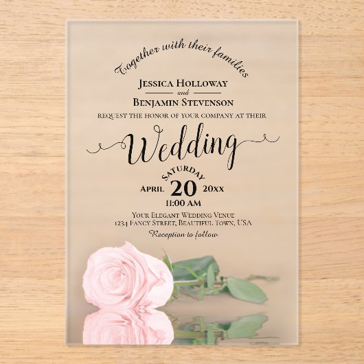 エレガント赤面ピンクローズレースのよう書道結婚の アクリル招待状 (正面)