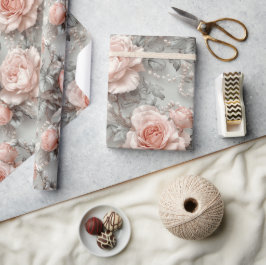 エレガント赤面ピンクローズヴィンテージフローラ ラッピングペーパー