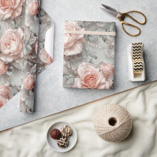 エレガント赤面ピンクローズヴィンテージフローラ ラッピングペーパー (クラフト)