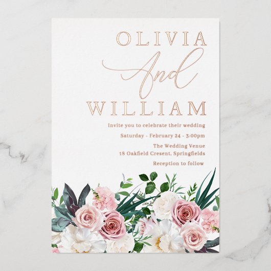 エレガント赤面ピンクローズ結婚ズバラ金ゴールド 箔招待状 (正面)