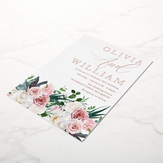 エレガント赤面ピンクローズ結婚ズバラ金ゴールド 箔招待状 (回転した状態)