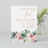 エレガント赤面ピンクローズ結婚ズバラ金ゴールド 箔招待状 (立ち正面)