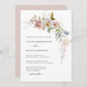 エレガント赤面ピンクワイルドフラワーフローラ結婚ズ 招待状 (正面/裏面)