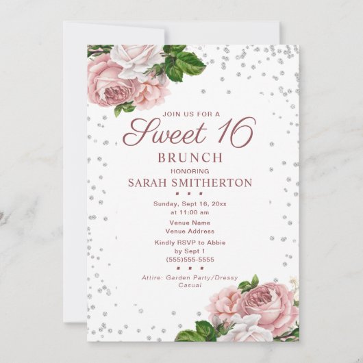 エレガント赤面ピンクヴィンテージフローラスイーツ16ブランチ 招待状 (正面)