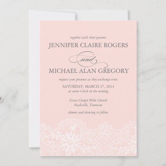エレガント赤面ピンクヴィンテージレース結婚ズ 招待状 (正面)