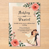 エレガント赤面ピンク新郎新婦フローラ結婚 アクリル招待状 (正面)