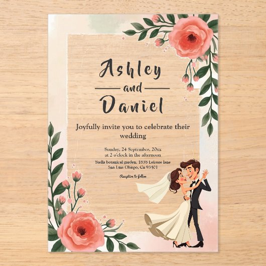 エレガント赤面ピンク新郎新婦フローラ結婚 アクリル招待状 (正面)