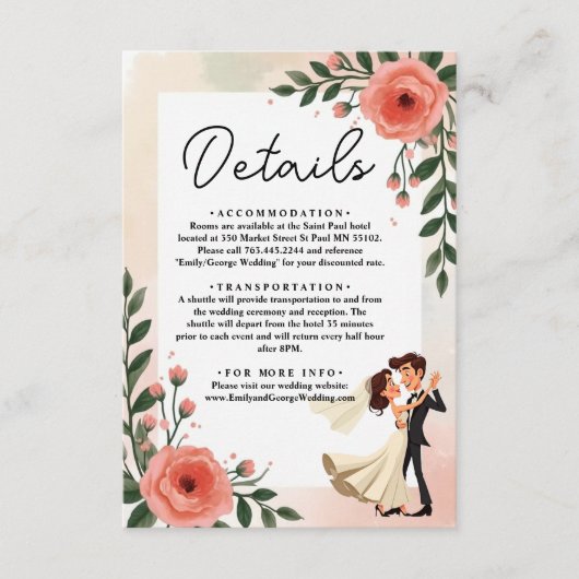 エレガント赤面ピンク新郎新婦フローラ結婚 エンクロージャーカード (正面)