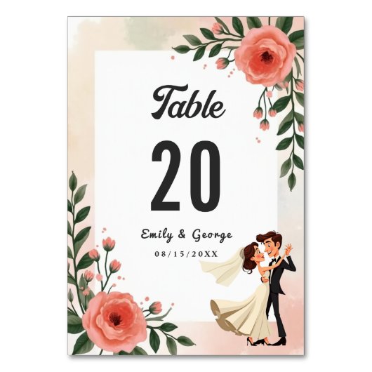 エレガント赤面ピンク新郎新婦フローラ結婚 テーブルナンバー (正面)