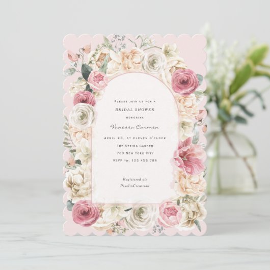 エレガント赤面ピンク春ガーデンブライダルシャワーinv 招待状 (スタンド正面)