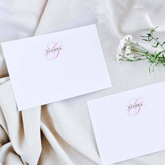 エレガント赤面ピンク書道分割モノグラム ノートカード