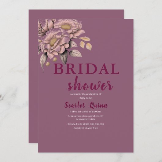 エレガント赤面ピンク植物花ブライダルシャワー 招待状 (正面/裏面)