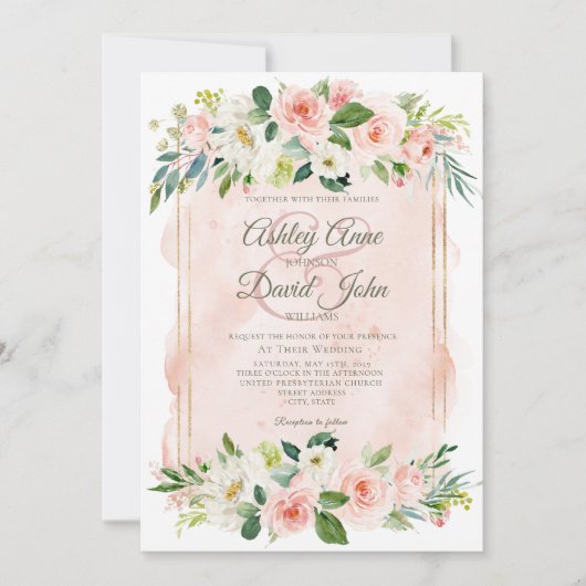 エレガント赤面ピンク水色フローラスクリプト写真 招待状 (正面)