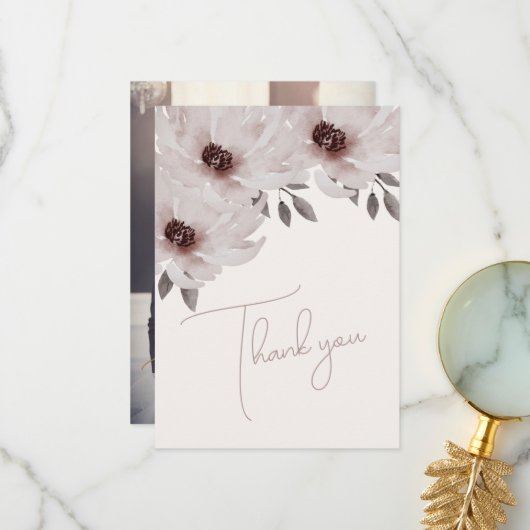エレガント赤面ピンク水色フローラ写真結婚の サンキューカード (正面/裏面インサイチュ)