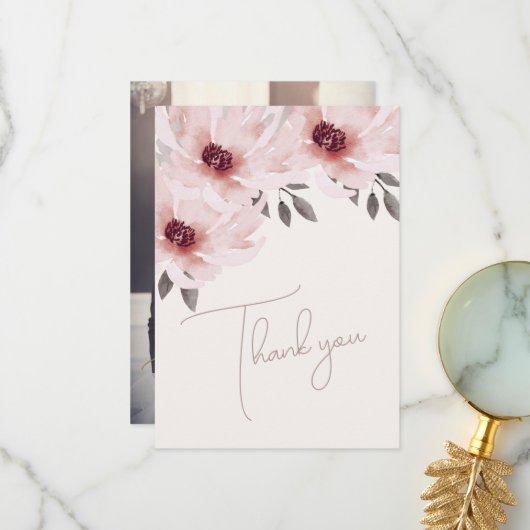 エレガント赤面ピンク水色フローラ写真結婚の サンキューカード (正面/裏面インサイチュ)