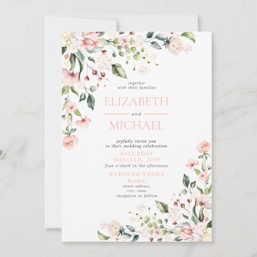 エレガント赤面ピンク水色フローラ写真 招待状 (正面)