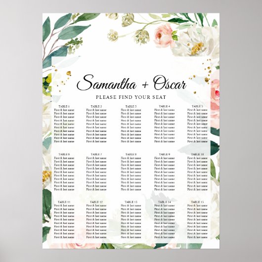 エレガント赤面ピンク水色フローラ枠 ポスター (正面)