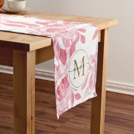 エレガント赤面ピンク水色フローラ金ゴールドモノグラム ショートテーブルランナー (インサイチュ)
