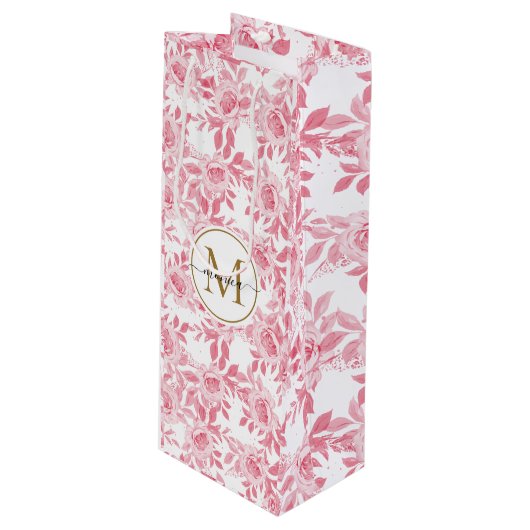 エレガント赤面ピンク水色フローラ金ゴールドモノグラム ワインギフトバッグ (正面アングル)