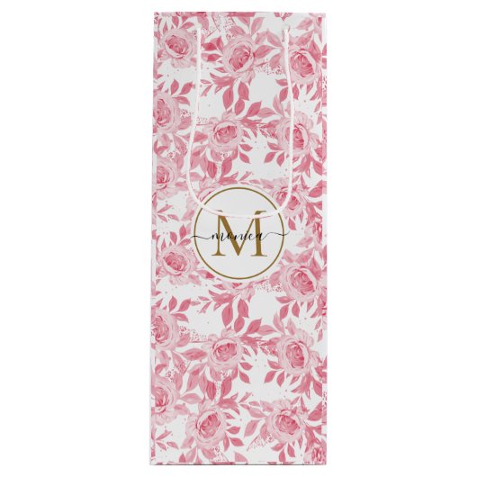 エレガント赤面ピンク水色フローラ金ゴールドモノグラム ワインギフトバッグ (正面)