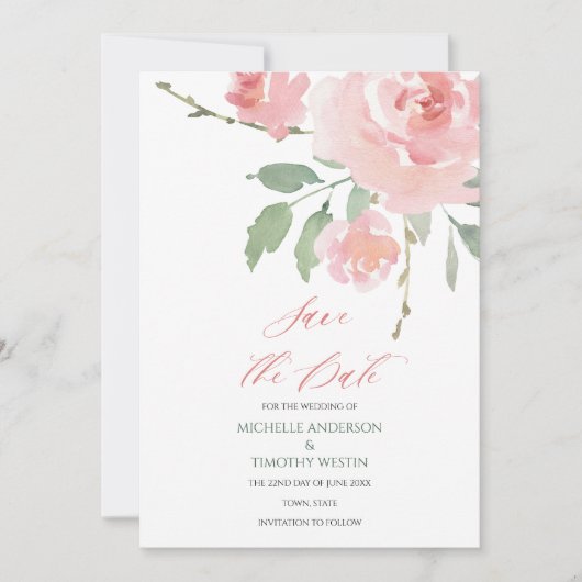 エレガント赤面ピンク水色フローラ セーブザデート (正面)