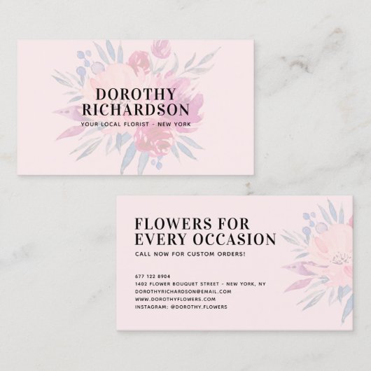 エレガント赤面ピンク消色した水色フローラブーケ 名刺 (正面/裏面)