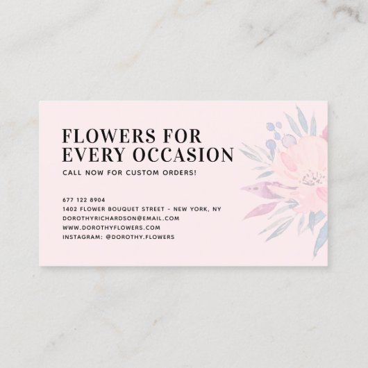 エレガント赤面ピンク消色した水色フローラブーケ 名刺 (裏面)