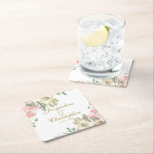 エレガント赤面ピンク牡丹フローラ結婚金ゴールド スクエアペーパーコースター (インサイチュ)