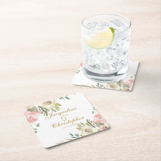 エレガント赤面ピンク牡丹フローラ結婚金ゴールド スクエアペーパーコースター (インサイチュ)
